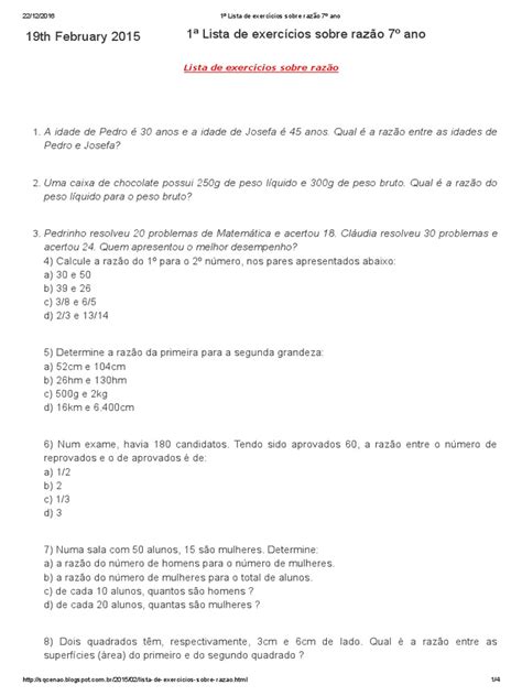 1 Lista De Exercícios Sobre Razão 7º Ano Pdf Esportes Lazer