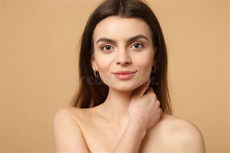 Close Up Brunette Half Naked Woman S With Perfect Skin Hand On Neck