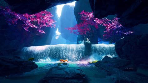 Wallpaper Waterfall Fox Water Trees Splashes Cave 3840x2160