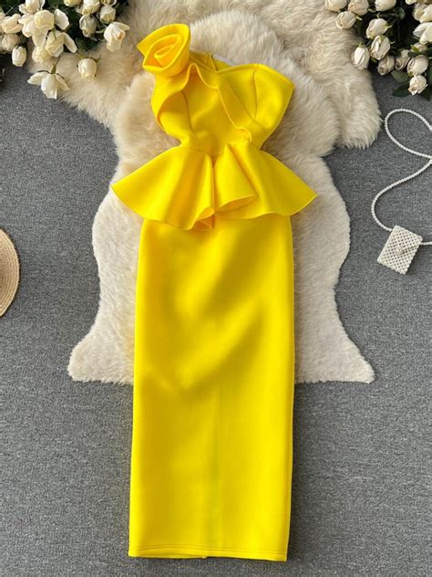 Foamlina Fashion Women Summer Dress Sexy Yellow Floral One Shoulder