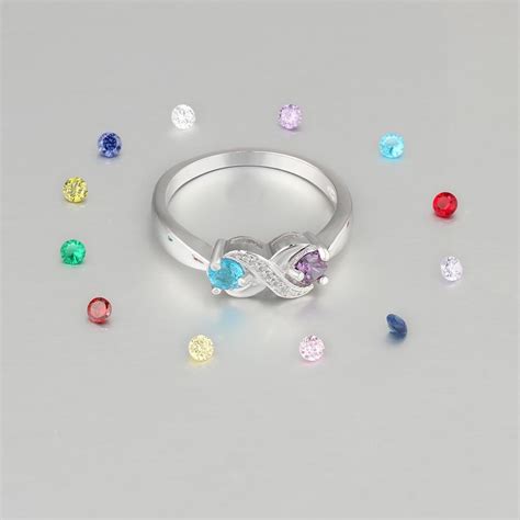 Engravable Silver Infinity Round Cut 2 Stones Birthstone Ring In