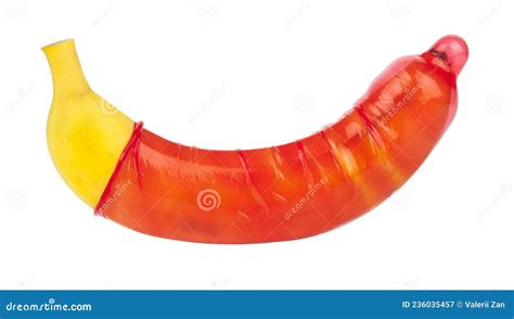 Banana With Red Condom Isolated On White Background Stock Image Image