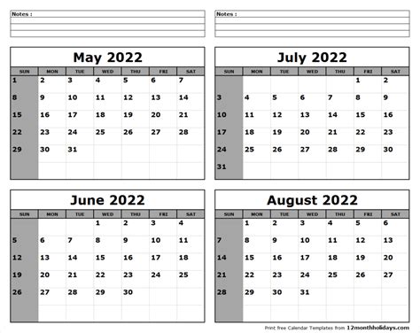 Printable Blank Four Month May June July August 2022 Calendar Template