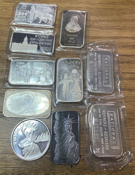 Rare Vintage Art Round And Bars ~ Lot Of 10 1oz 999 Fine Silver Bars