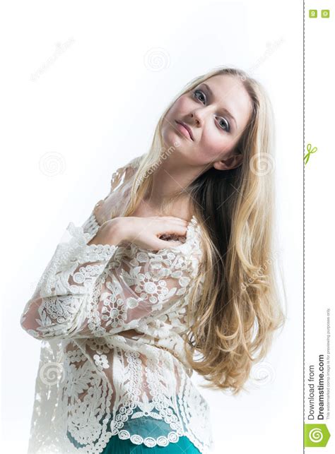 Beautiful Russian Blonde Girl On A White Background In A White