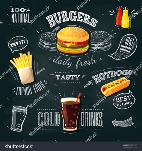 Chalkboard Fastfood Ads Hamburger French Fries And Hotdog Vector