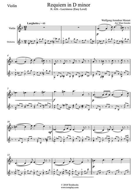 Requiem In D Minor K 626 Lacrimosa Easy Level Mozart Violin