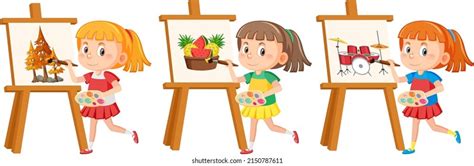 Two Girls Painting On Canvas Illustration Stock Vector Royalty Free