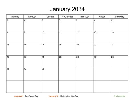 Monthly Basic Calendar For 2034