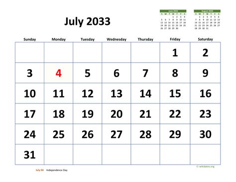 July 2033 Calendar With Extra Large Dates