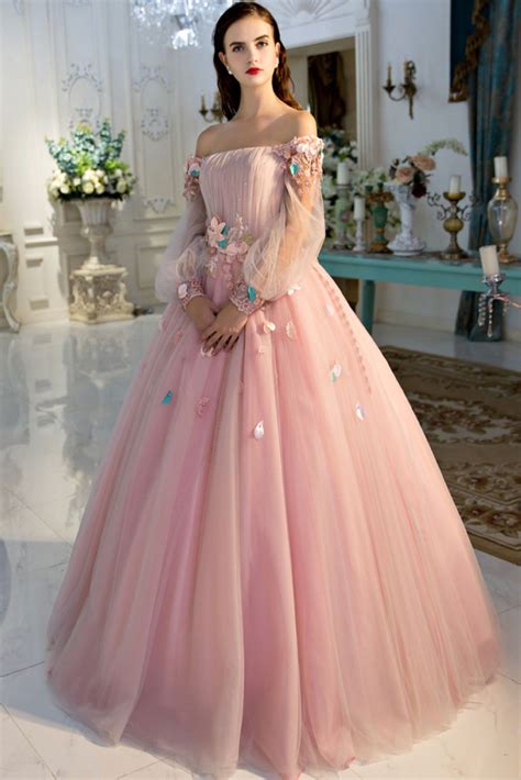 Pink Off Shoulder Tulle Long Prom Dress Sweet 16 Dress Fairy Prom Dress Pink Ball Gown Prom