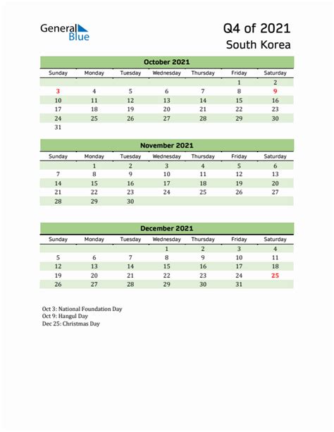 Q4 2021 Quarterly Calendar With South Korea Holidays