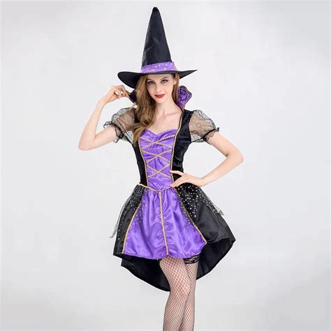 Purple Adult Halloween Costumes For Women Sexy Witch Costume Sorceress Fancy Dress Carnival
