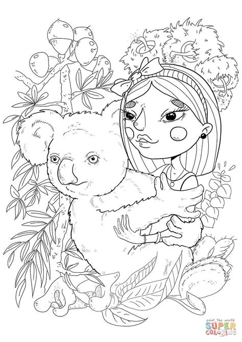 Download free printable koala coloring page picture. A Girl with a Koala coloring page | Free Printable ...