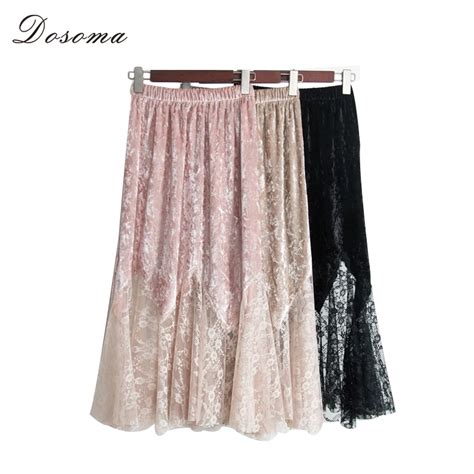 Dosoma Womens Skirt 2018 Spring Velvet Stitching Mesh Hollow Out Long Skirt Ruffles Lace Skirts