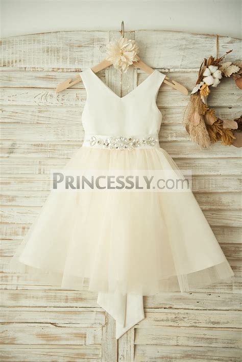 V Neck Ivory Satin Champagne Tulle Flower Girl Dress With Crystal Sash