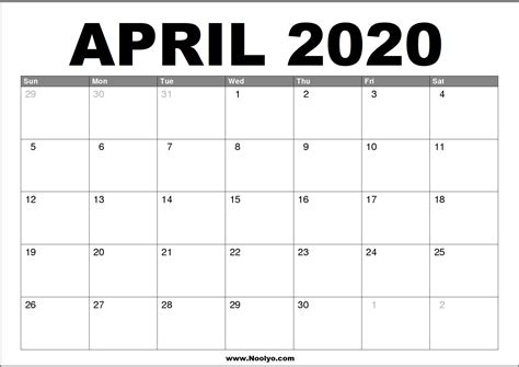 April 2020 Calendar Printable Free Download