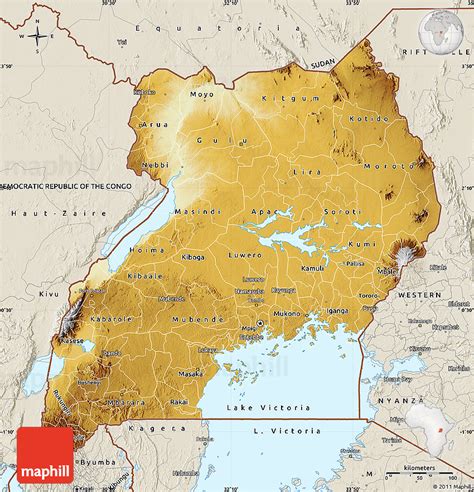 It has been said that maphill maps are worth a thousand words. Physical Map of Uganda, shaded relief outside