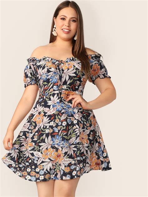 Shein Plus Frilled Off Shoulder Botanical Print Dress Off Shoulder Floral Dress Summer