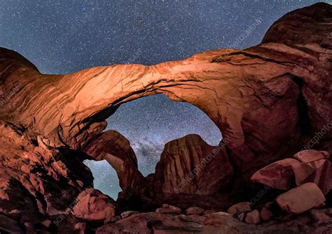 Night Sky Over Double Arch Utah Usa Stock Image C0383199