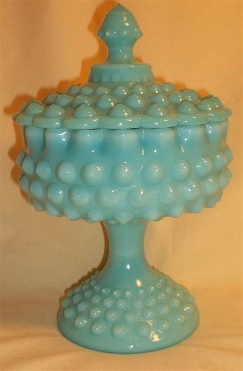 Vtg Fenton Turquoise Blue Milk Glass Hobnail Pedestal Candy Compote With Lid Antique Price