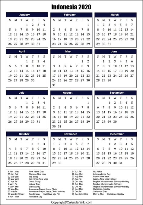 Printable Indonesia Calendar 2020 With Holidays Public Holidays