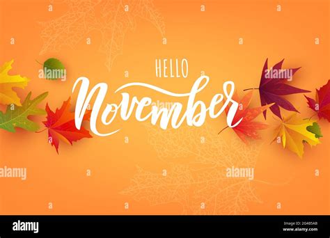 November Text Hand Lettering Typography With Bright Autumn Leaves