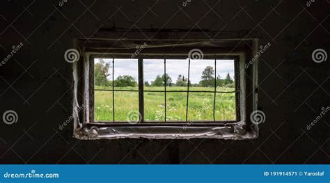 Green Meadow Outside Old Shed Window With Metal Grid Closeup Stock