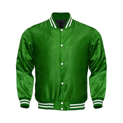 Green Satin Varsity Letterman Bomber Baseball Jacket Green And White Rib