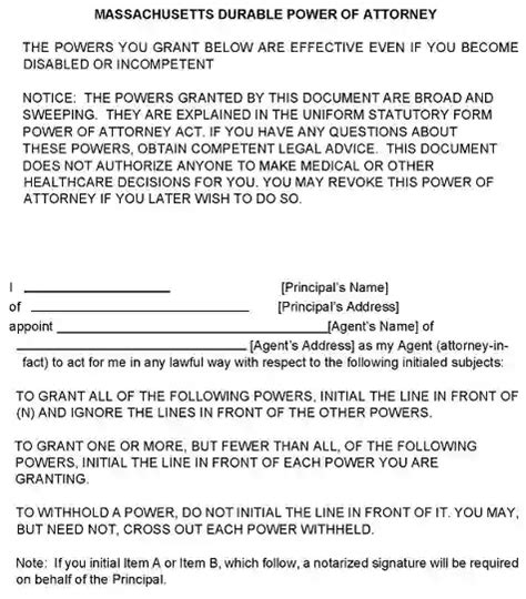 Massachusetts Power Of Attorney Form Free Printable Word Printable Form