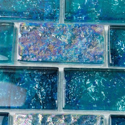 Laguna Iridescent Aquamarine 1x2 Brick Polished Glass Tile Glass Pool