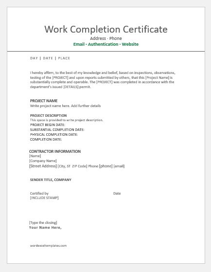 9 Best Work Completion Certificates For Ms Word Word And Excel Templates