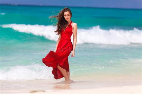 Beautiful Woman Red Dress Standing Tropical Sea Co Stock Photos Free