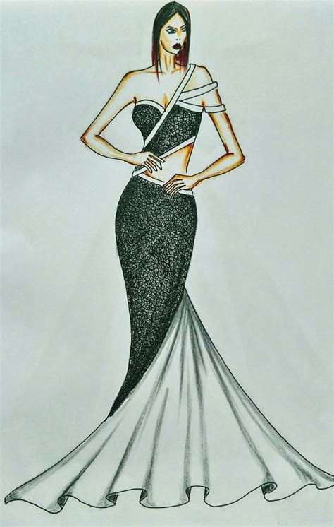 Black And White Fit And Flare Strappy Gown Fashion Illustration Sketches