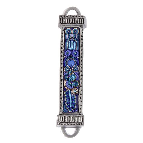 Yair Emanuel Aluminum Mezuzah With Embroidered Beads Bluepurple
