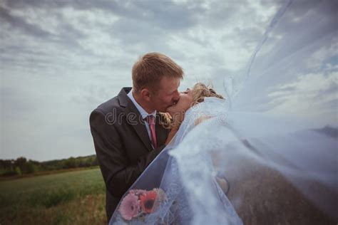 Beautiful Bride And Groom Standing In Grass And Kissing Wedding Couple