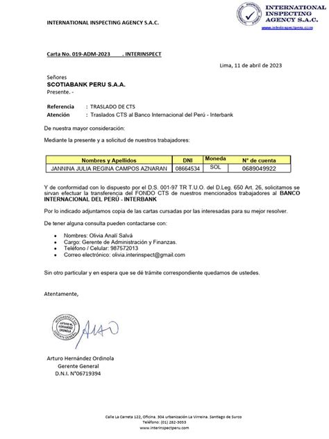Carta 019 2023 Traslado De Cts De Jannina Campos Pdf