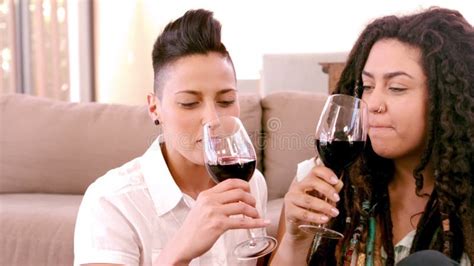 happy lesbian couple drinking wine stock footage video of couch lesbian 64118792