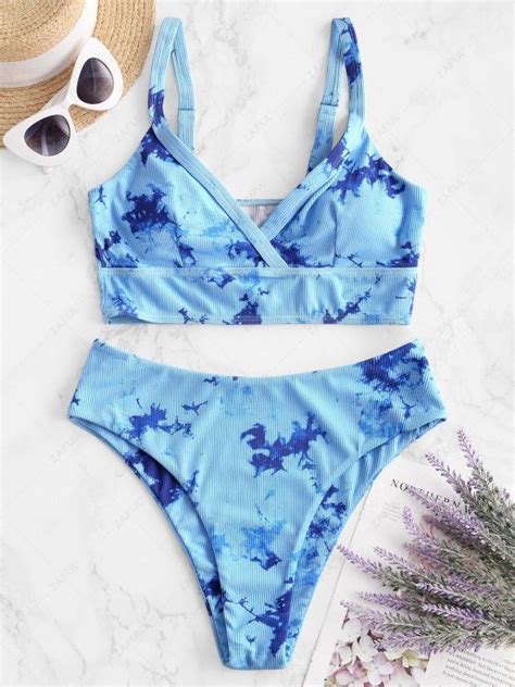 52 Off 2021 Zaful Tie Dye Ribbed High Cut Tankini Swimwear In Blue