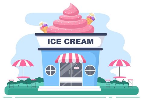 Ilustración de la tienda de helados con tablero abierto árbol y