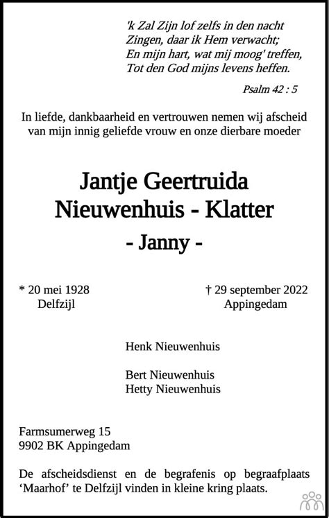 Jantje Geertruida Janny Nieuwenhuis Klatter 29 09 2022
