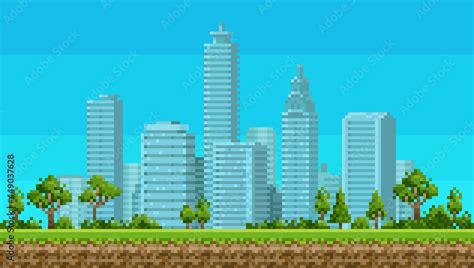 Vecteur Stock Pixel Art 8 Bit Urban Landscape With Park On City