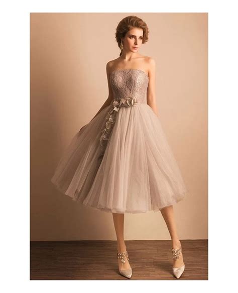 Retro Tea Length Wedding Dresses Tulle Strapless A Line Style With Lace