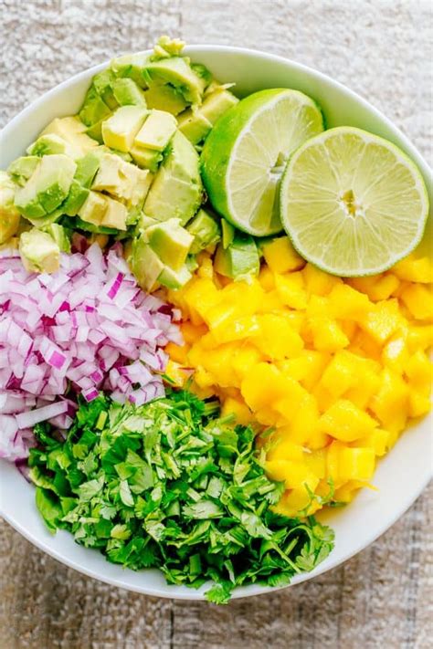 · 1 ¾ cups diced peeled mango (about 2 mangoes) · ¼ cup diced red onion · 2 tablespoons chopped fresh cilantro · lime crema: Mango Salsa with Avocado - NatashasKitchen.com