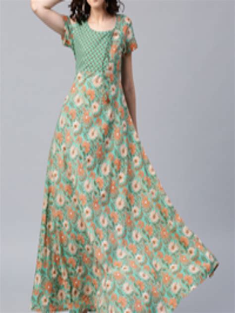 Buy Aks Women Green And Orange Floral Print Maxi Dress Dresses For