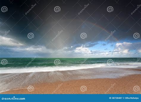 Beautiful Rainbow Over Ocean Waves Ob Sand Beach Stock Image Image Of