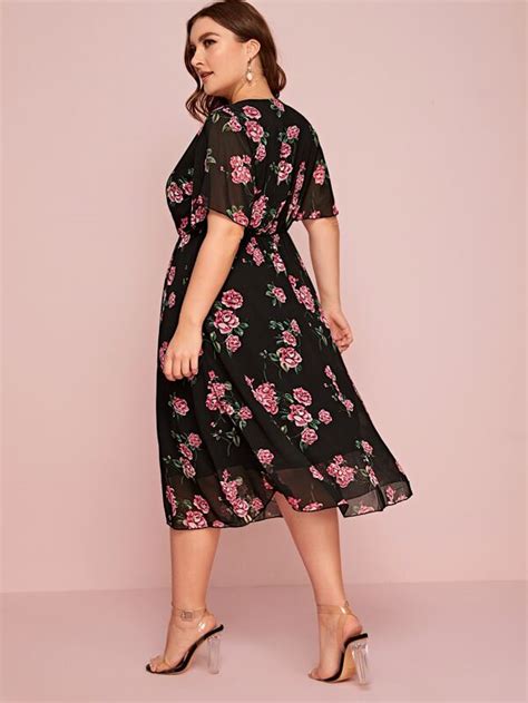 Shein Plus Surplice Front Floral Print Overlay Dress Pink Shop