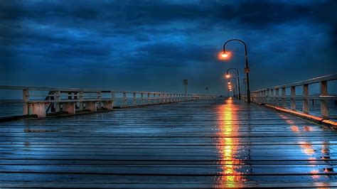 Long Pier On A Rainy Day Horizon Lighting Pier Dusk Sky Sea Calm