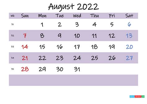 August 2022 Calendar With Holidays Printable Template K22m536