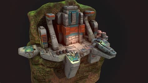 Low Poly Sci Fi Outpost Buildings On Cliffs 3D Asset
